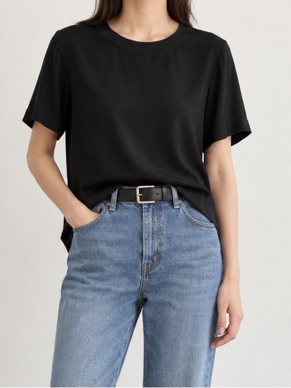 Vintage 90s Black 100% Silk Blouse Minimalist Quiet Luxury Tee Top Oversized S
